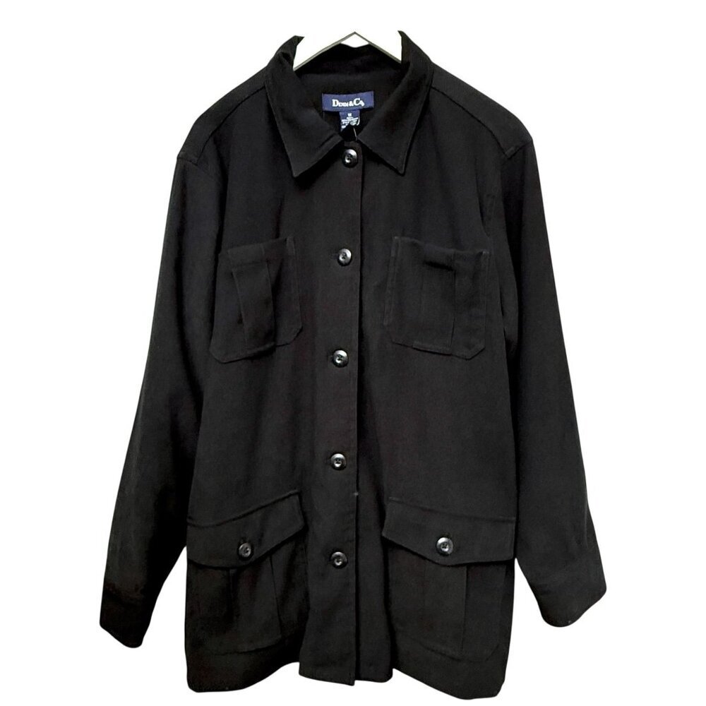 Denim & Co Black Shirt Jacket Plus Size 1X Safari Style Button Front Utility